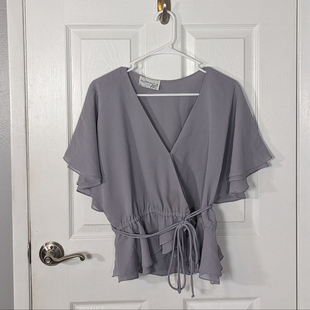 Vintage 70s The Gilberts for‎ Tally New York Flouncy Purple Chiffon Wrap Blouse